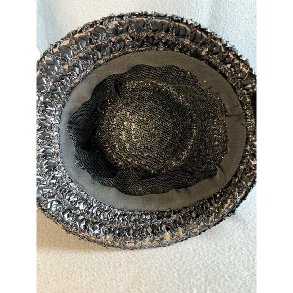 Ladies Black Raffia Hat with Velvet Ribbon Band sz 22 Vintage - Picture 5 of 10